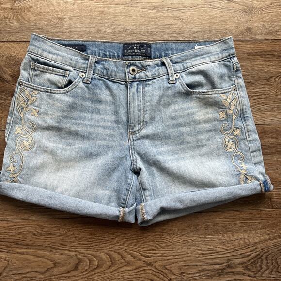 Lucky Brand Jean Shorts Womens 6/28 The Roll Up Denim Embroidered Boho Hippie - Picture 1 of 11